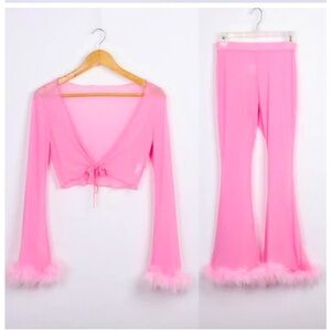 Light Pink Crop Top and Pant Set Sheer w/ Fur